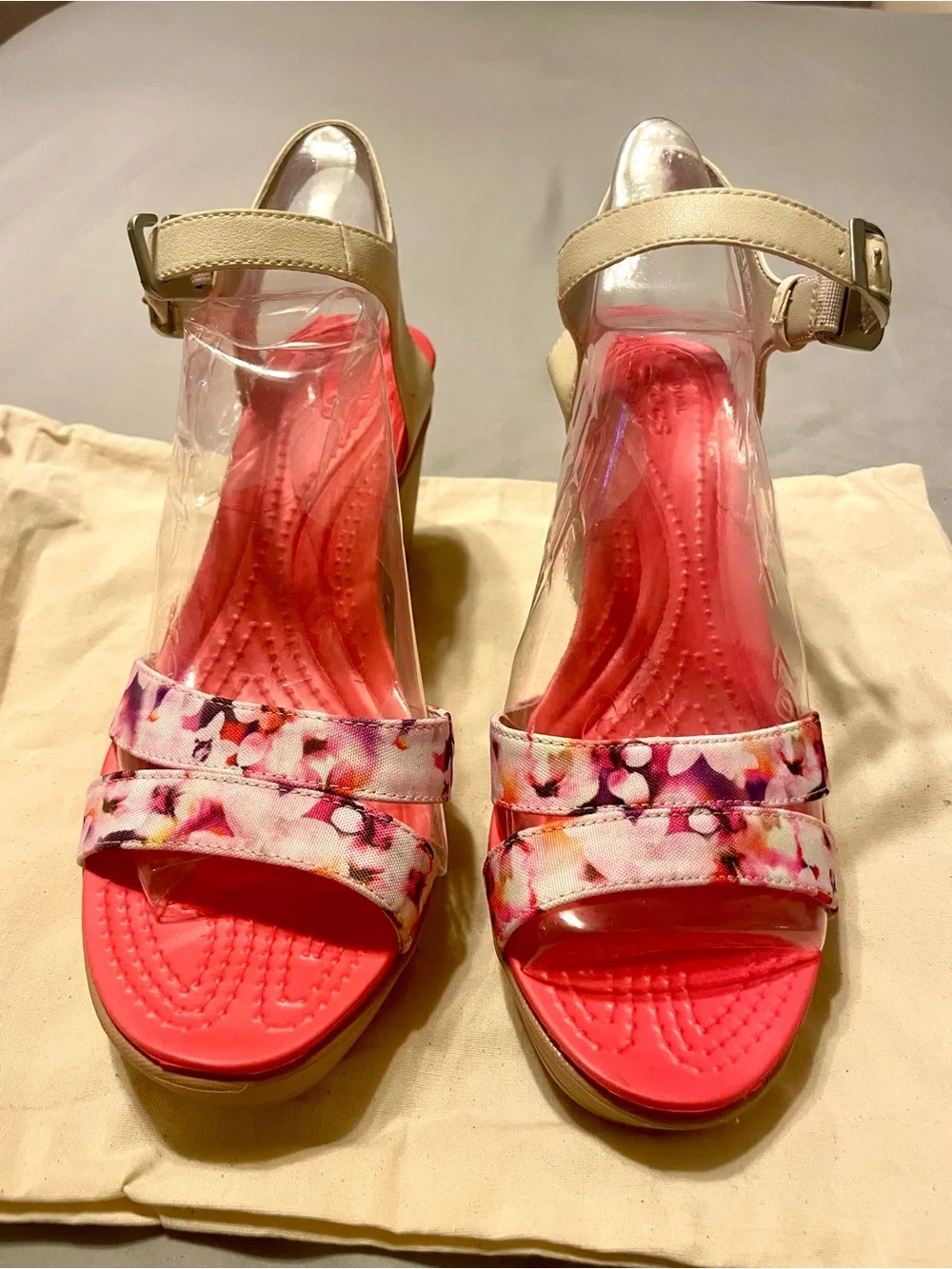 CROCS Pink Floral Wedge Sandals with Cream Ankle Strap